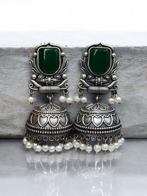 Silver Look Jhumka Earrings | Adorable Traditional Jhumki With Stone & Pearl Work
