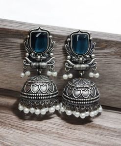 Silver Look Jhumka Earrings | Adorable Traditional Jhumki With Stone & Pearl Work