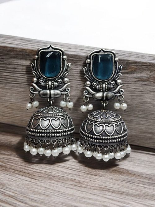 Silver Look Jhumka Earrings | Adorable Traditional Jhumki With Stone & Pearl Work
