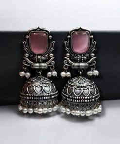 Silver Look Jhumka Earrings | Adorable Traditional Jhumki With Stone & Pearl Work