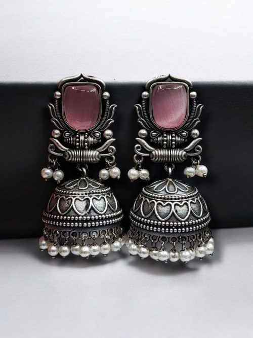 Silver Look Jhumka Earrings | Adorable Traditional Jhumki With Stone & Pearl Work