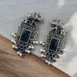 Antique Silver Plated Elephant Design Earrings | Best Traditional Indian Stone Stud Jewelry - "Blue"