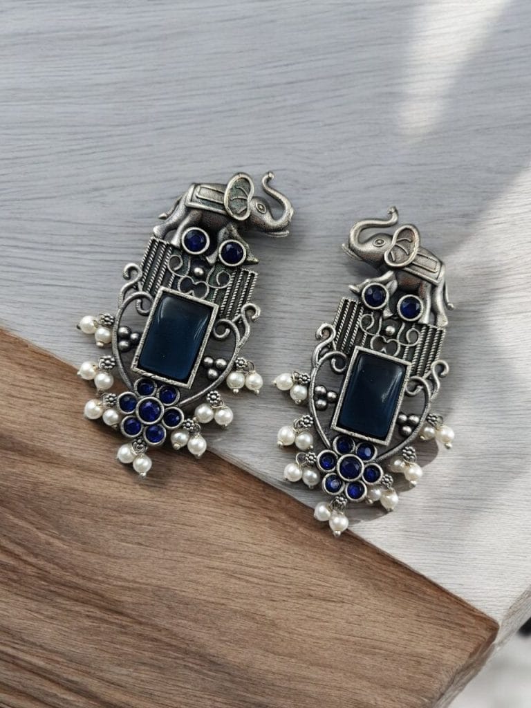 Bulk 594 Antique Silver Plated Elephant Design Earrings | Best Traditional Indian Stone Stud Jewelry - "Blue"