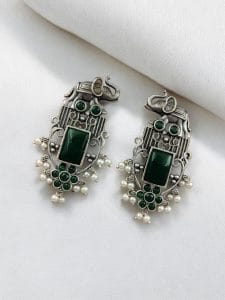 Antique Silver Plated Elephant Design Earrings | Best Traditional Indian Stone Stud Jewelry - Color: "Green"