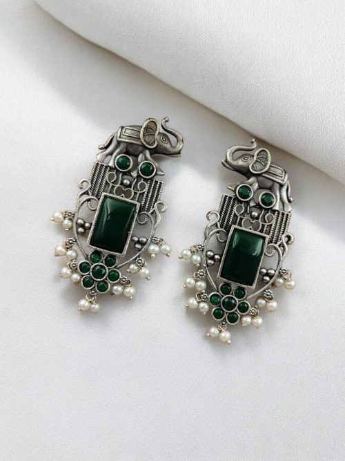 Antique Silver Plated Elephant Design Earrings | Best Traditional Indian Stone Stud Jewelry