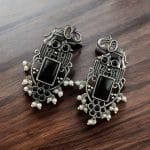 Antique Silver Plated Elephant Design Earrings | Best Traditional Indian Stone Stud Jewelry - "Black"
