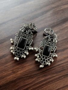 Antique Silver Plated Elephant Design Earrings | Best Traditional Indian Stone Stud Jewelry - Color: "Black"