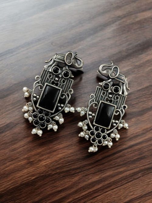 Antique Silver Plated Elephant Design Earrings | Best Traditional Indian Stone Stud Jewelry
