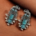 Antique Silver Plated Elephant Design Earrings | Best Traditional Indian Stone Stud Jewelry - "Aqua"