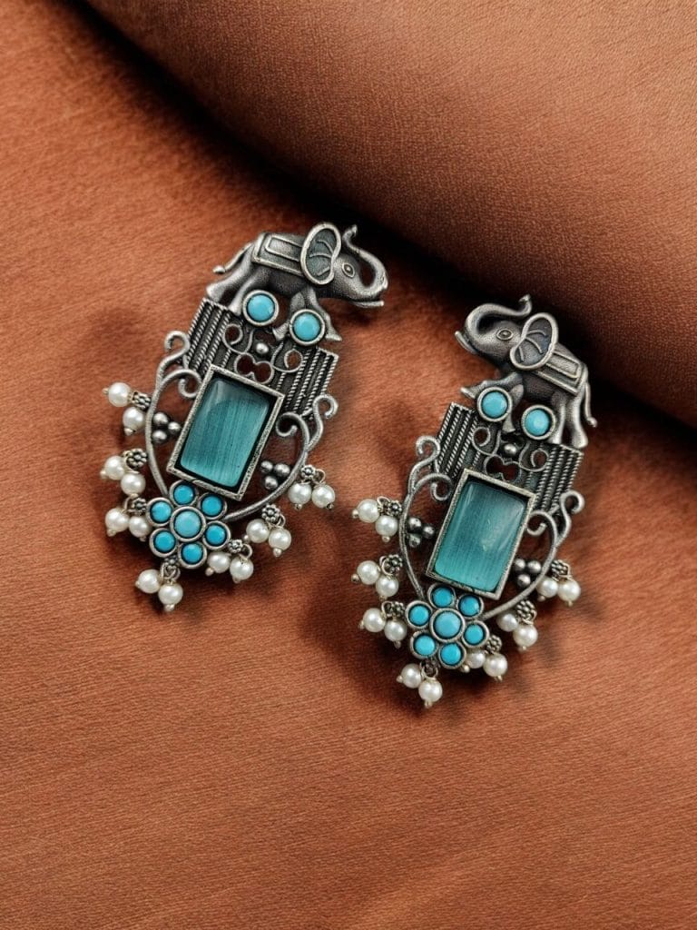 Bulk 596 Antique Silver Plated Elephant Design Earrings | Best Traditional Indian Stone Stud Jewelry - "Aqua"
