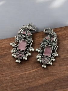 Antique Silver Plated Elephant Design Earrings | Best Traditional Indian Stone Stud Jewelry - Color: "Babypink"