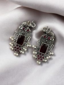Antique Silver Plated Elephant Design Earrings | Best Traditional Indian Stone Stud Jewelry - Color: "Red"