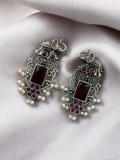 Antique Silver Plated Elephant Design Earrings | Best Traditional Indian Stone Stud Jewelry