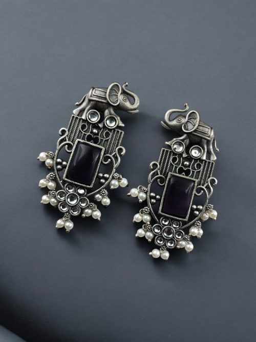 Antique Silver Plated Elephant Design Earrings | Best Traditional Indian Stone Stud Jewelry
