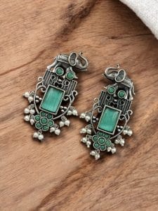Antique Silver Plated Elephant Design Earrings | Best Traditional Indian Stone Stud Jewelry - Color: "Mint"