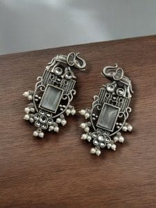 Antique Silver Plated Elephant Design Earrings | Best Traditional Indian Stone Stud Jewelry - Color: "Grey"