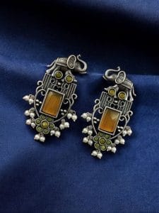 Antique Silver Plated Elephant Design Earrings | Best Traditional Indian Stone Stud Jewelry - Color: "Yellow"