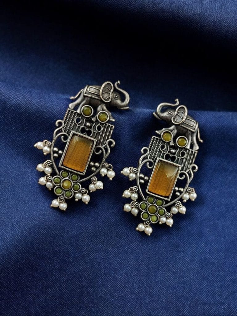 Bulk 598 Antique Silver Plated Elephant Design Earrings | Best Traditional Indian Stone Stud Jewelry - "Yellow"