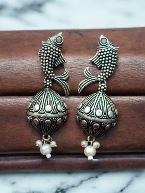 Silver Look a Like Fish Earrings | Designer Best Jhumki | imitation Oxidised Fish Jhumkas