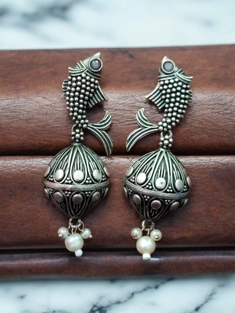 Bulk 620 Silver Look a Like Fish Earrings | Designer Best Jhumki | imitation Oxidised Fish Jhumkas - "Babypink"