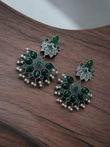 Oxidised Peacock Stud Stone Earrings | Best Dangler Silver Look a Like Jewelry - Color: "Green"