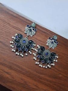 Oxidised Peacock Stud Stone Earrings | Best Dangler Silver Look a Like Jewelry - Color: "Blue"