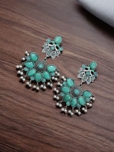 Oxidised Peacock Stud Stone Earrings | Best Dangler Silver Look a Like Jewelry - Color: "Mint"