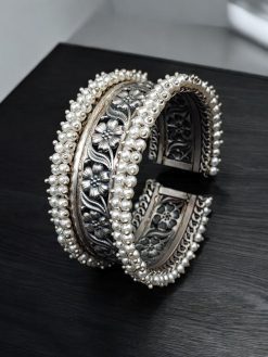 Handmade Silver Touch Cuff Bracelet | Pearl Beads Traditional Bangles / Kada