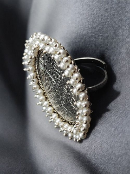 Antique Silver Polish Rings With Pearl Beads | Unique Handmade Adjustable Rings