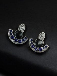 Silver Replica Stone Earrings | Antique Oxidized Stud Jewelry For Girls - Color: "Blue"