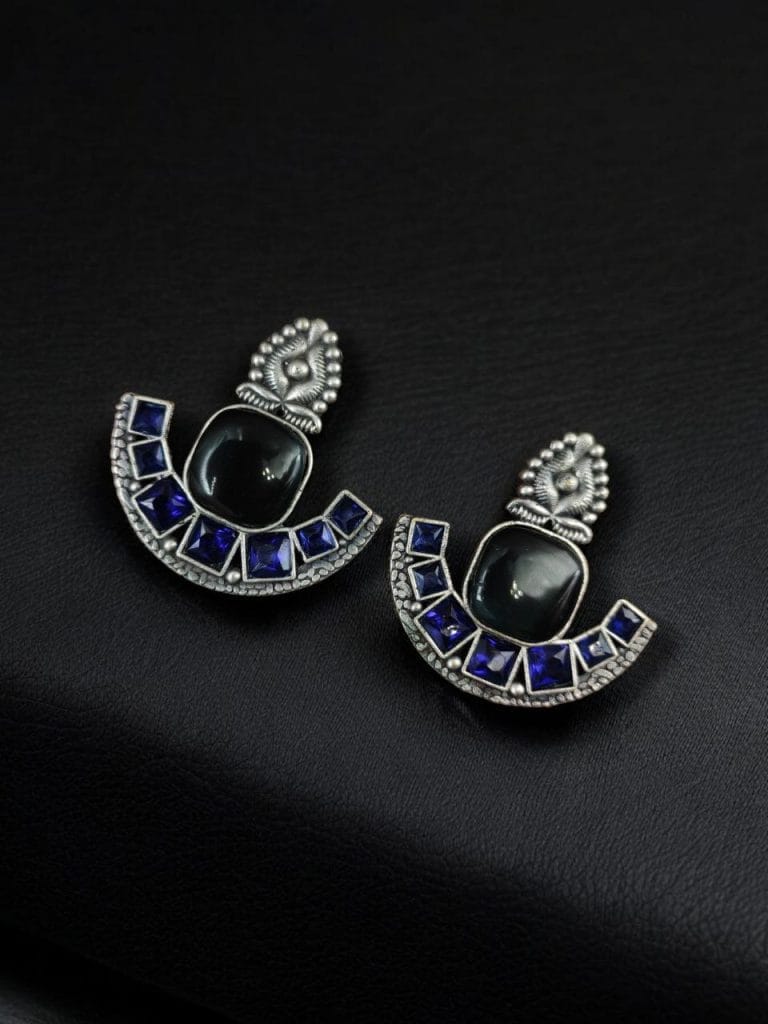 Bulk 568 Silver Replica Stone Earrings | Antique Oxidized Stud Jewelry For Girls - "Blue"