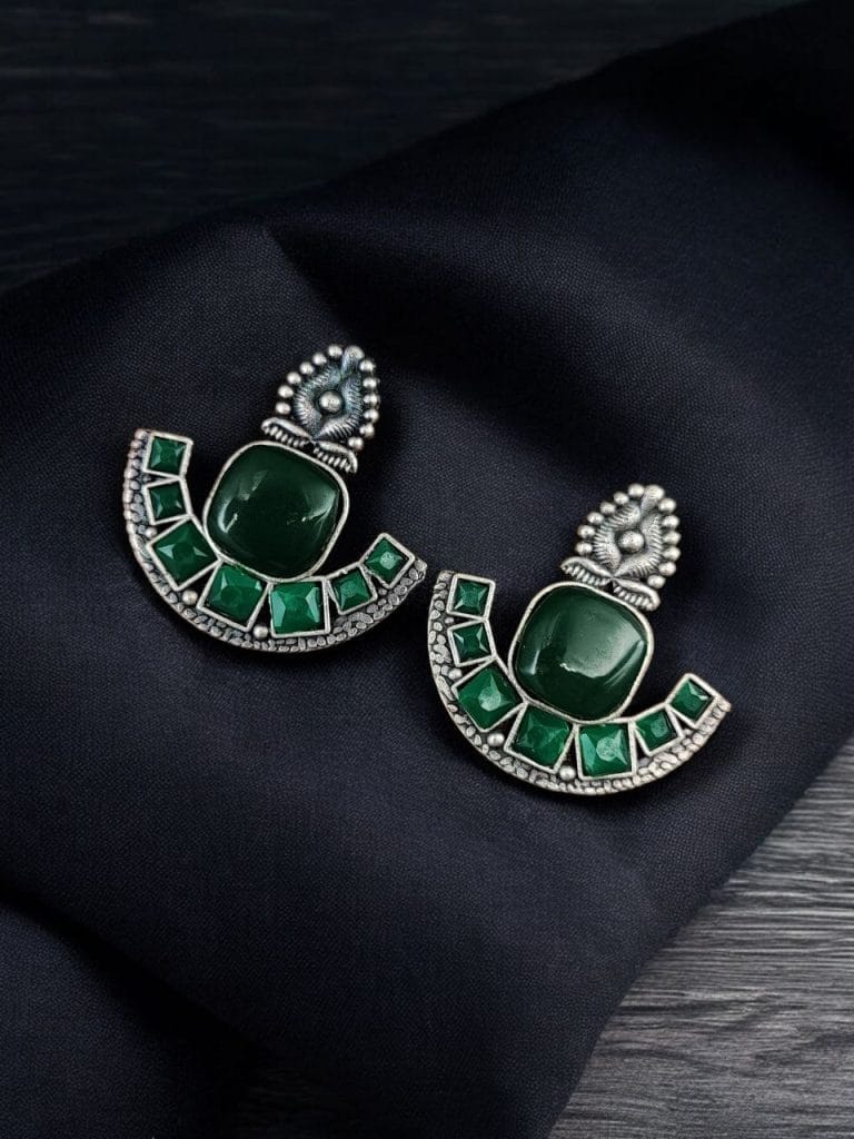 Bulk 564 Silver Replica Stone Earrings | Antique Oxidized Stud Jewelry For Girls - "Green"