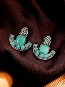 Silver Replica Stone Earrings | Antique Oxidized Stud Jewelry For Girls - Color: "Mint"