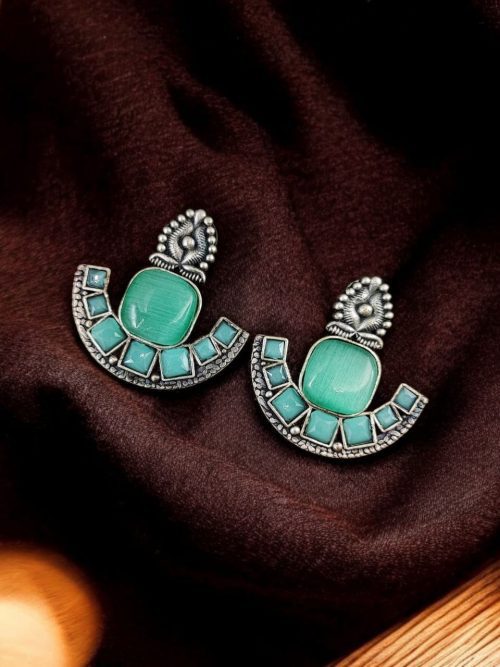 Silver Replica Stone Earrings | Antique Oxidized Stud Jewelry For Girls