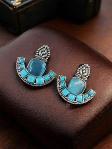 Silver Replica Stone Earrings | Antique Oxidized Stud Jewelry For Girls - Color: "Aqua"