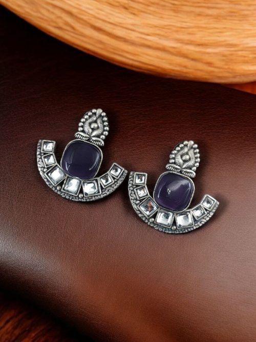 Silver Replica Stone Earrings | Antique Oxidized Stud Jewelry For Girls