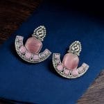 Silver Replica Stone Earrings | Antique Oxidized Stud Jewelry For Girls - "Babypink"