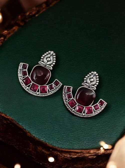 Silver Replica Stone Earrings | Antique Oxidized Stud Jewelry For Girls