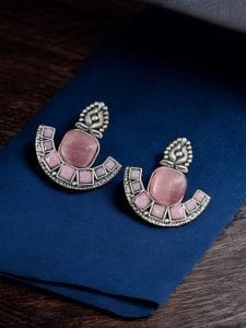 Silver Replica Stone Earrings | Antique Oxidized Stud Jewelry For Girls - Color: "Babypink"