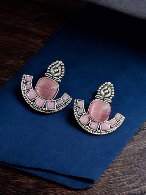 Silver Replica Stone Earrings | Antique Oxidized Stud Jewelry For Girls