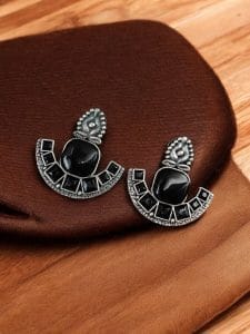 Silver Replica Stone Earrings | Antique Oxidized Stud Jewelry For Girls - Color: "Black"