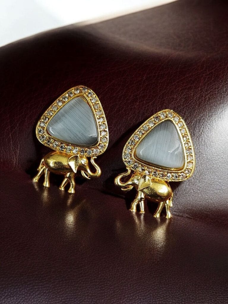 Bulk 560 Contemporary AD Earrings | Best Gold-Plated Elephant Design Stud Stone Earrings - "Grey"
