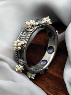 Silver Look Oxidized Bangles | Traditional Pearl Work Kada for Girls