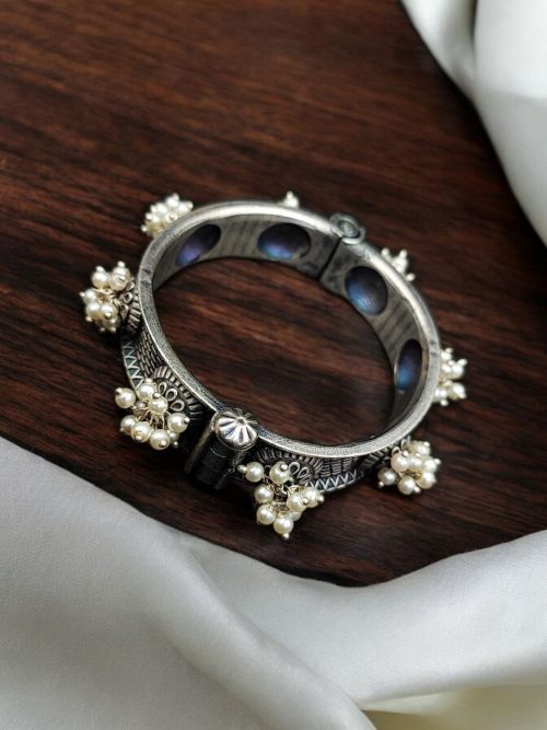 Silver Look Oxidized Bangles | Traditional Pearl Work Kada for Girls
