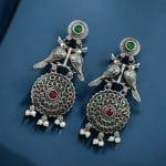 Bulk 22 Silver Replica Bird Oxidized Earrings | Best Antique Stone Work Stud Jewelry - "Red-Green"