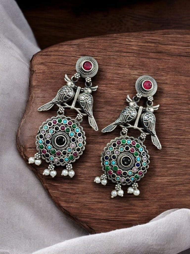 Bulk 532 Silver Replica Bird Oxidized Earrings | Best Antique Stone Work Stud Jewelry - "Multi"