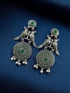 Silver Replica Bird Oxidized Earrings | Best Antique Stone Work Stud Jewelry - Color: "Green"