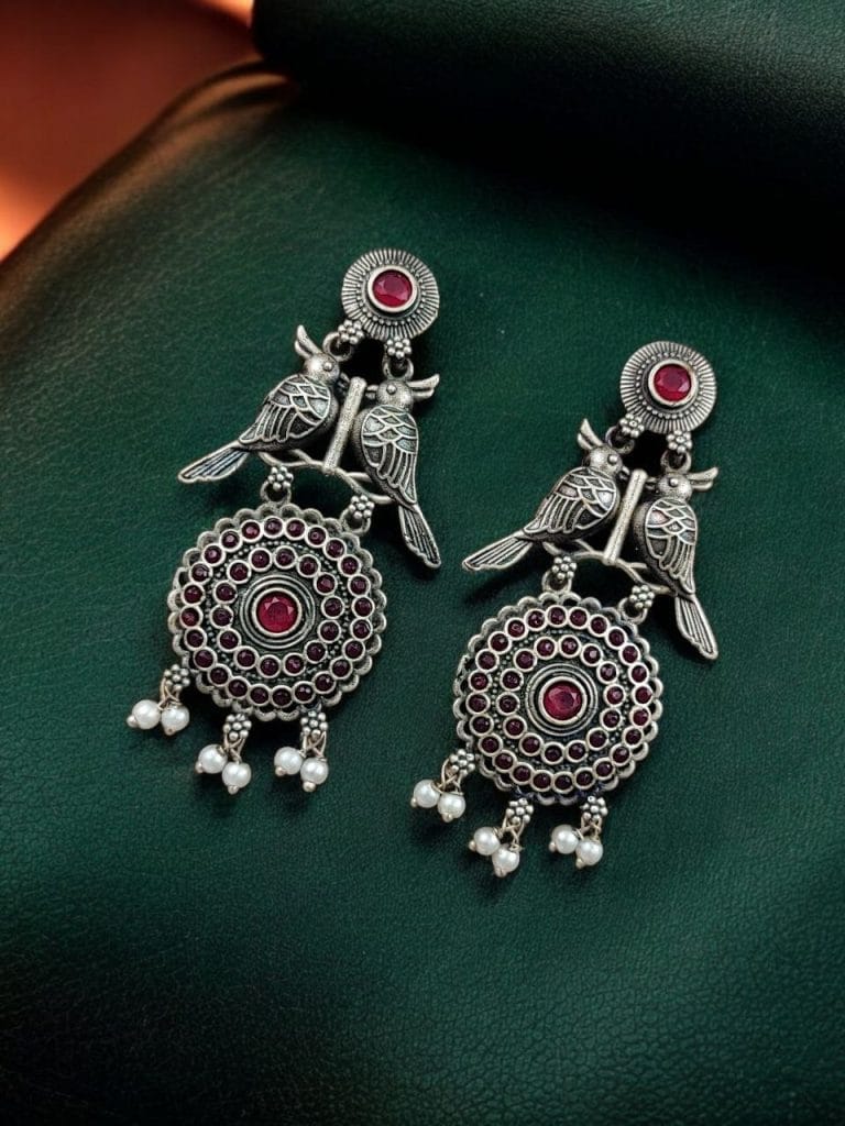 Bulk 538 Silver Replica Bird Oxidized Earrings | Best Antique Stone Work Stud Jewelry - "Red"