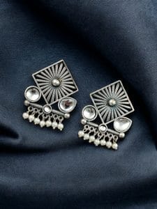 Traditional Silver Replica Stud Earrings | Best Light Weight Oxidised Jewelry - Color: "White"
