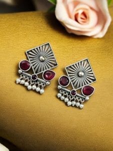 Traditional Silver Replica Stud Earrings | Best Light Weight Oxidised Jewelry - Color: "Pink"